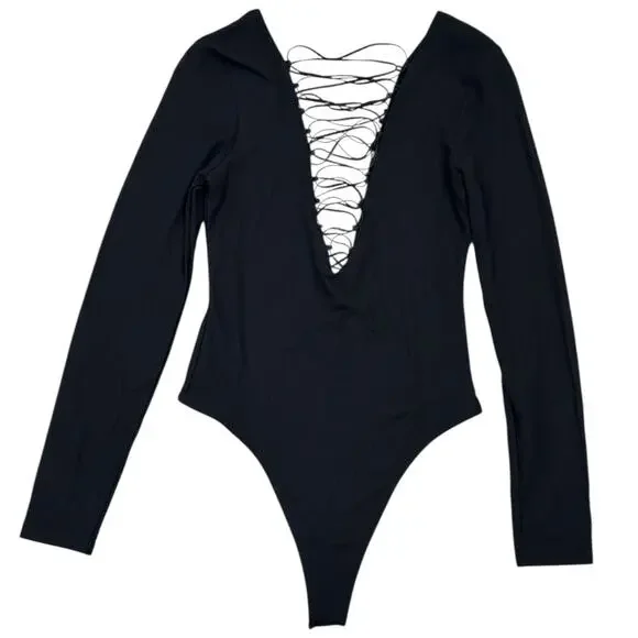 NWT Victoria's Secret Black Long Sleeve Strappy Deep V-Neck Thong Bodysuit - Picture 4 of 5